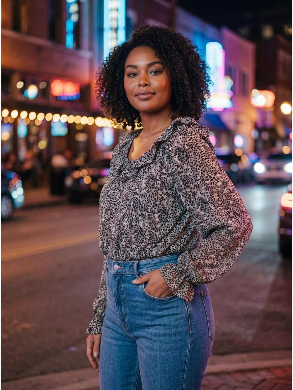 Very J Ruffled Animal Print Bodysuit Top